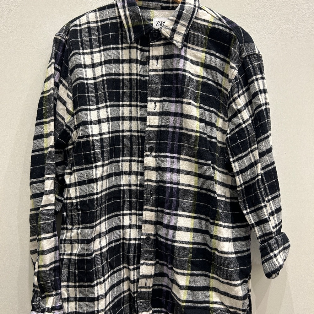 Zara Men's Plaid Shirt in Black, White, and Green